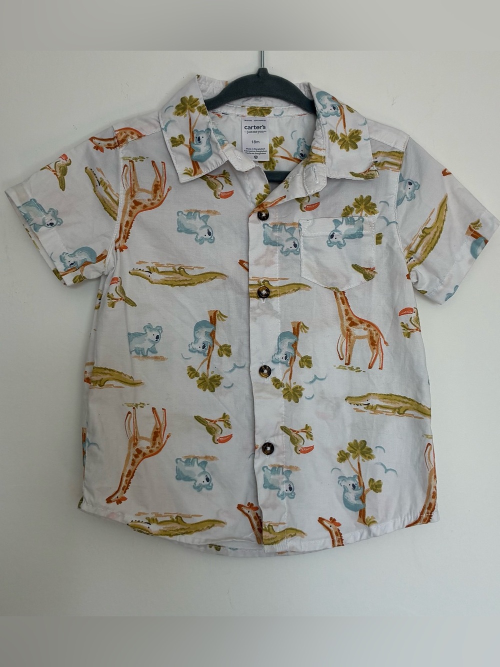 100% Cotton Carter's White Short-Sleeve Safari Print Button-Up Shirt 18M